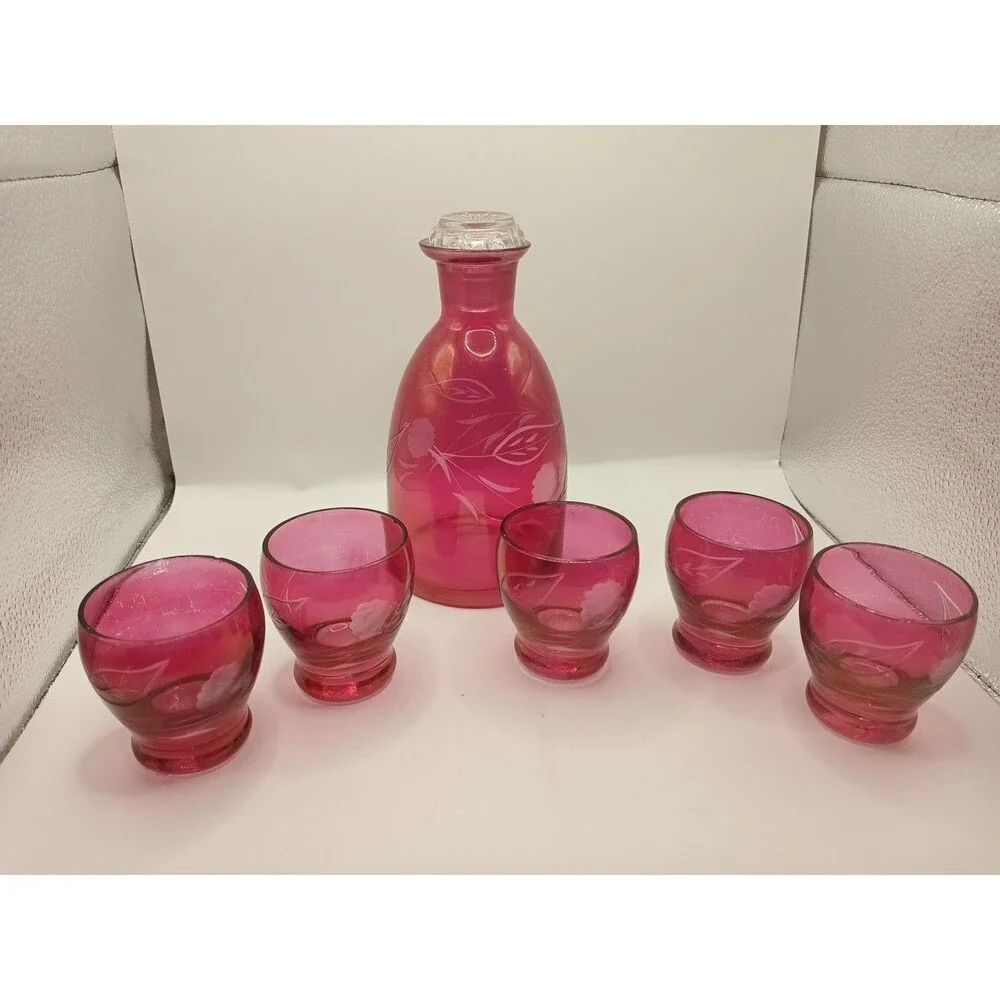 MCM Vintage Etched Cranberry Glass DECANTER With 5 Cordial Shot Glasses Red